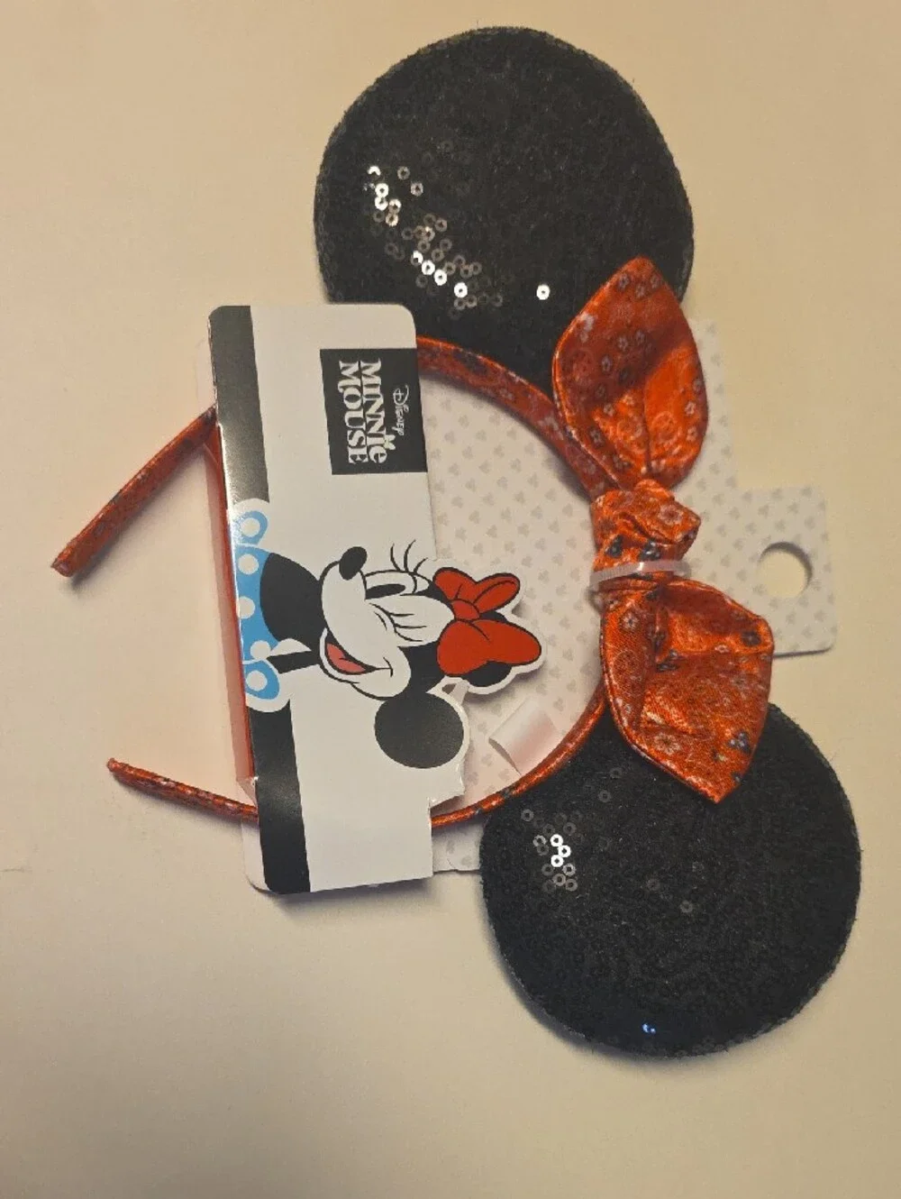 Disney Minnie Mouse Black Sequin Ear Headband with Orange Bow